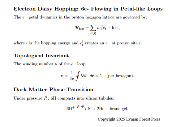 Diagram explaining the dynamics of electron flow in a hexagonal lattice structure, including equations and concepts related to electron daisy hopping and dark matter phase transition.