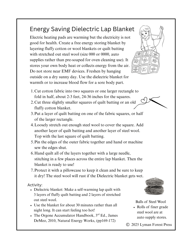 Instructional guide for creating an energy-saving dielectric lap blanket, detailing steps for layering cotton fabric, quilt batting, and steel wool.