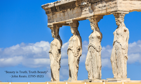 Four ancient Greek statues of women, known as Caryatids, support a classical structure with a blue sky and clouds in the background. A quote by John Keats is displayed at the bottom.