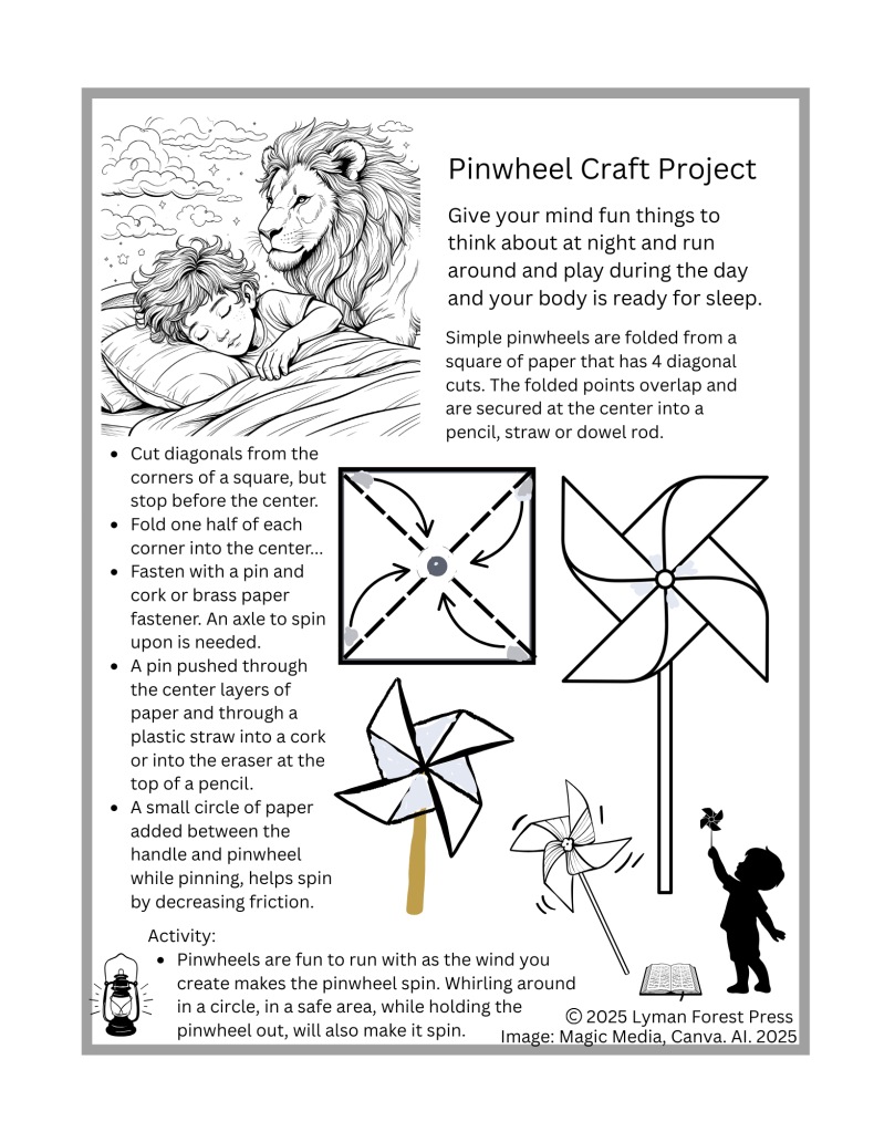 A child sleeping in bed with a lion nearby, accompanied by instructions for a pinwheel craft project.