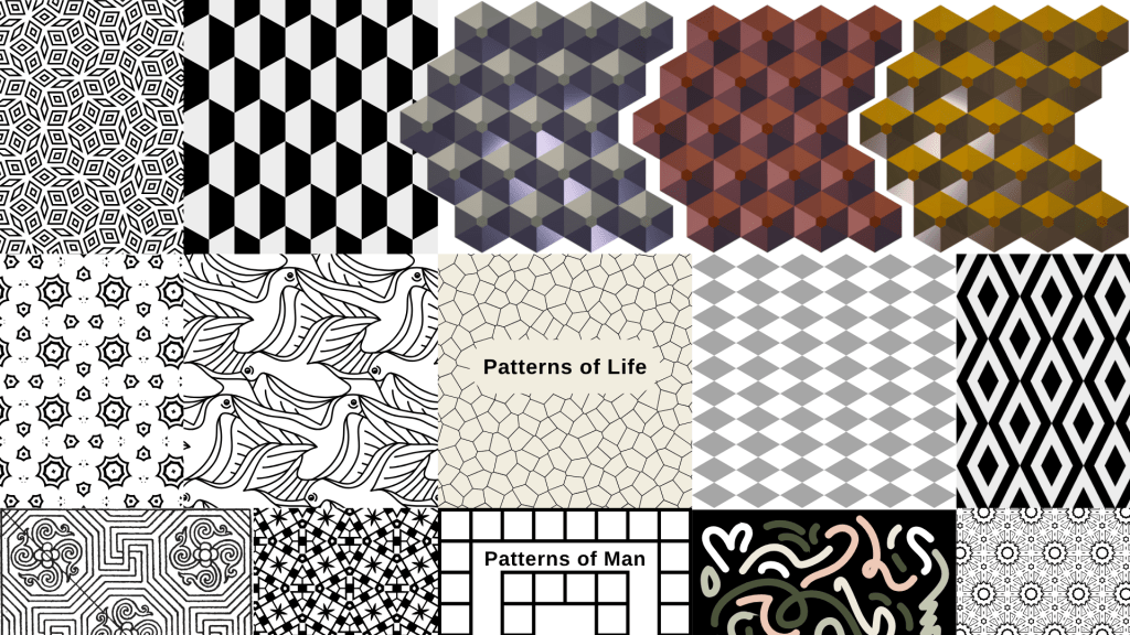 A collage of various geometric and abstract patterns illustrating the concept of design in life and nature, featuring different motifs and textures.