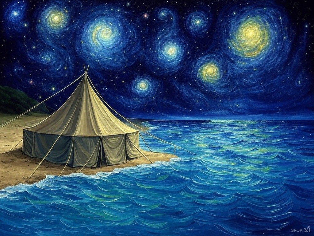 A tent by the shore under a starry night sky with swirling clouds and bright stars reflecting in the water.