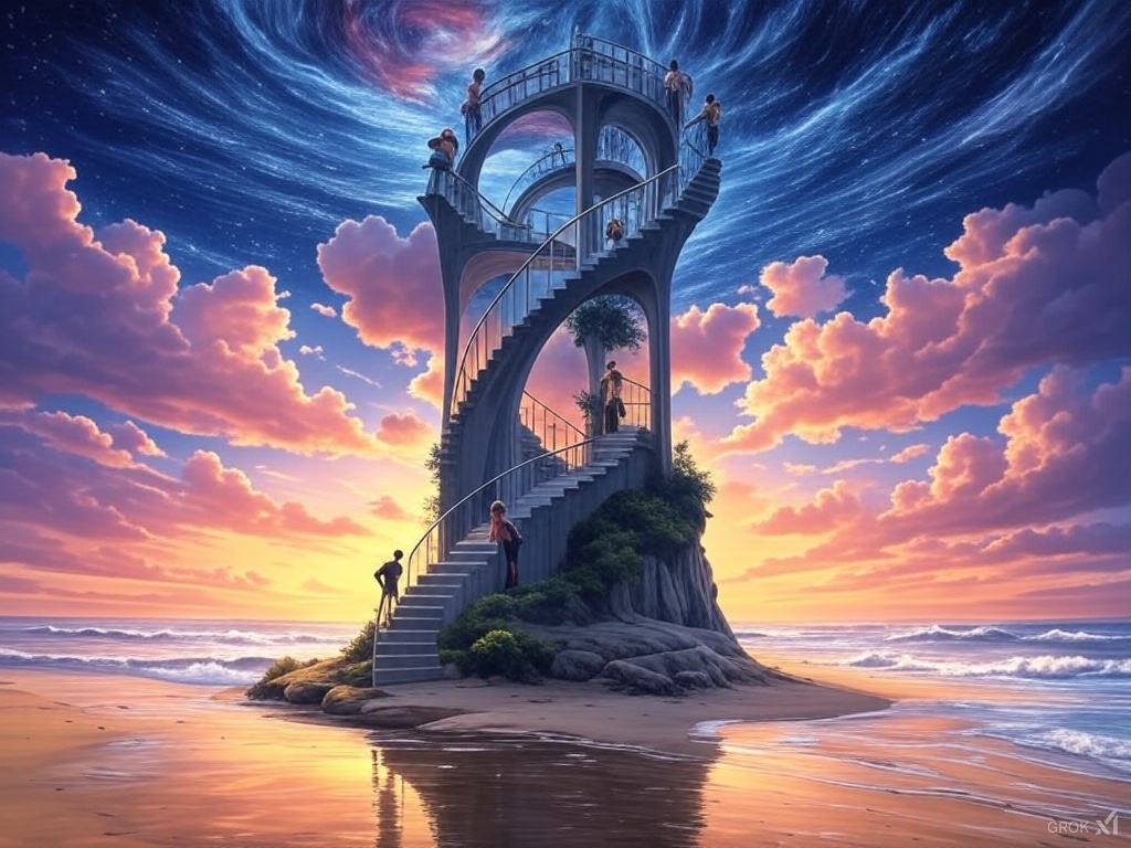 Surreal spiral staircase leading up into the sky, golden sunset or dawn glow is lighting clouds above a seascape. People are climbing the stair.