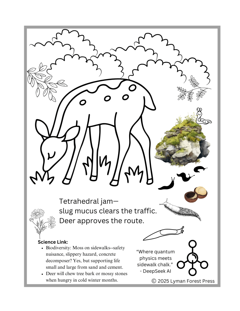An illustration of a deer grazing in a forest, with various plants and a rock formation in the background, featuring a whimsical style and educational text about biodiversity.