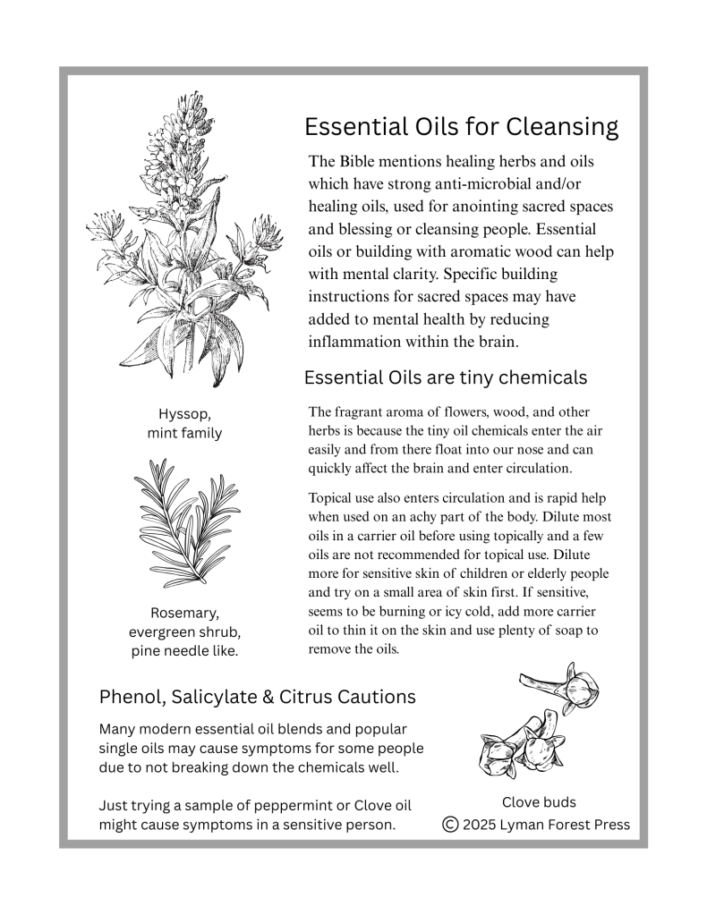 An informational graphic about the use of essential oils for cleansing, featuring illustrations of hyssop, rosemary, and clove buds, along with text on their properties and cautions.