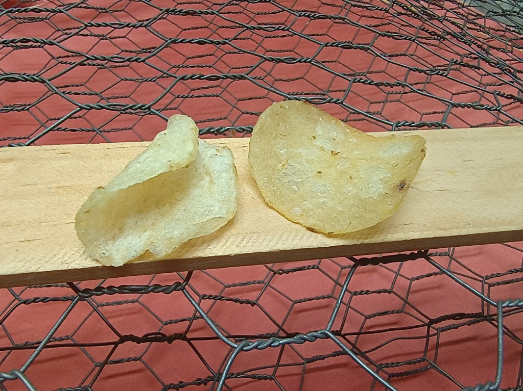 Two potato chips resting on a wooden surface, with a hexagonal wire mesh background.
